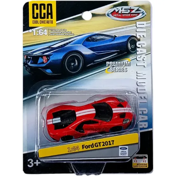 CCA_Ford_GT_2017_1:64_Scale_Die-Cast_Model_Car,_Premium_American_Supercar_Collectible_with_Detailed_Design,_Free-Rolling_Wheels,_Red_with_White_Racing_Stripes