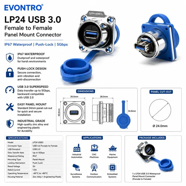 LP24_USB_3.0_Waterproof_Panel_Mount_Connector,_Female_to_Female_IP67_Push-Lock_Bulkhead_Socket,_5Gbps_SuperSpeed_USB_Connector_for_Industrial_Automation,_CNC,_Marine