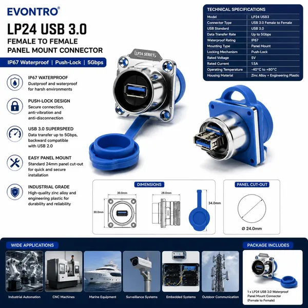 LP24_USB_3.0_Waterproof_Panel_Mount_Connector,_Female_to_Female_IP67_Push-Lock_Bulkhead_Socket,_5Gbps_SuperSpeed_USB_Connector_for_Industrial_Automation,_CNC,_Marine