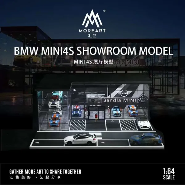 MoreArt_1:64_BMW_MINI4S_Showroom_Diorama_Model_MO936005_–_Miniature_Car_Dealership_Display_Scene