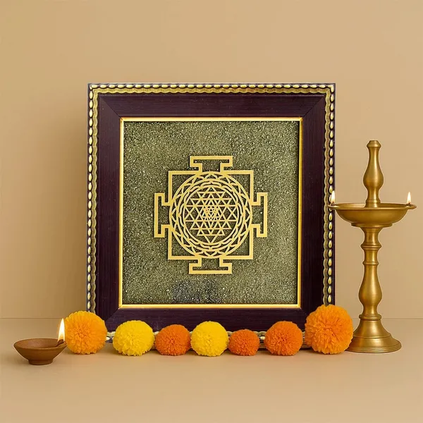 Pyrite_Shri_Yantra__With_Traditional_Frame_And_Brass_Diya_Set_of_1