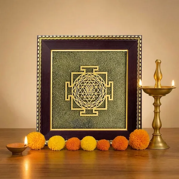 Pyrite_Shri_Yantra__With_Traditional_Frame_And_Brass_Diya_Set_of_1