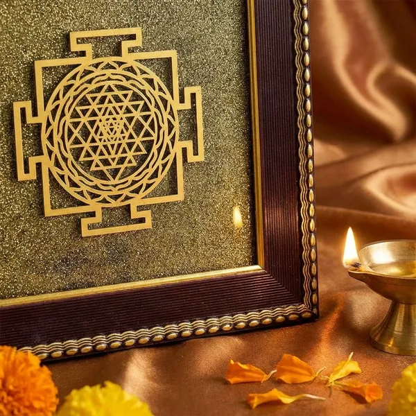 Pyrite_Shri_Yantra__With_Traditional_Frame_And_Brass_Diya_Set_of_1