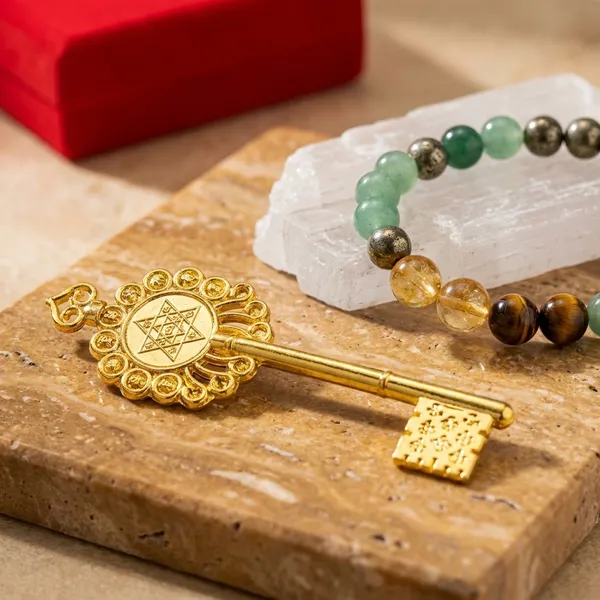 Maha_Dhanyog_Combo_Siddh_Key,_Dhantog_Bracelet,_Pyrite_Bracelet_&_Raw_Selenite_Plate_Pack_Of_1
