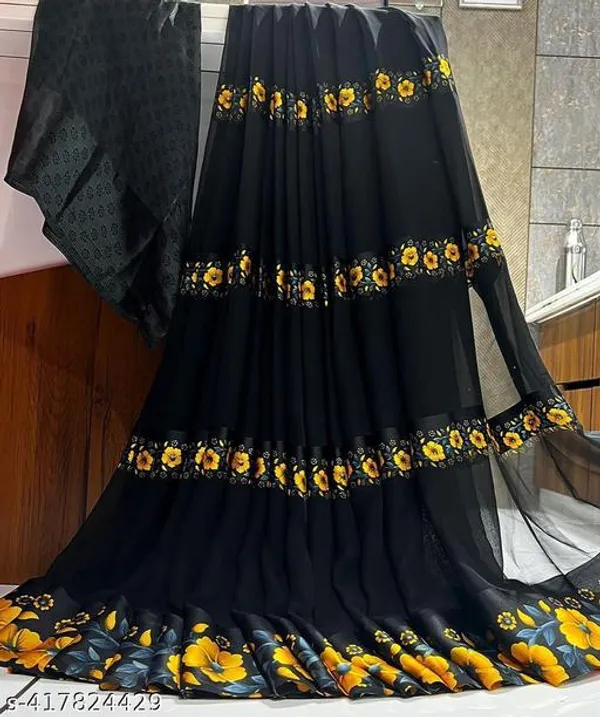 Taladar's_New_Black_Fancy_Georgette_Satin_Patta_Premium_Saree_For_Women
