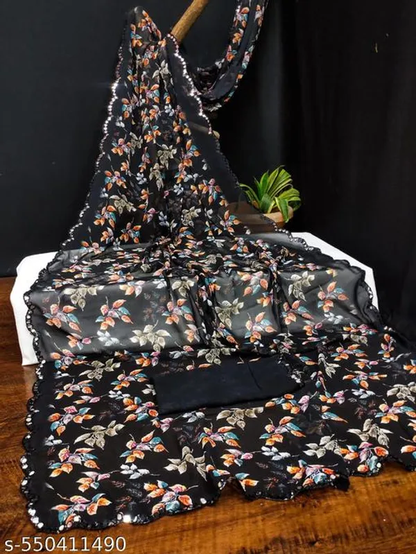 Taladara's_New_Black_Georgette_Printed_Premium_Saree_And_Mirar_Lace_Border_For_Women