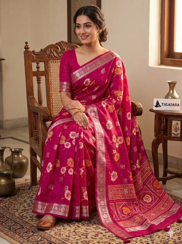 Taladara_Rich_Butta_Cotton_Saree_with_Mirror_Work_&_Latkans