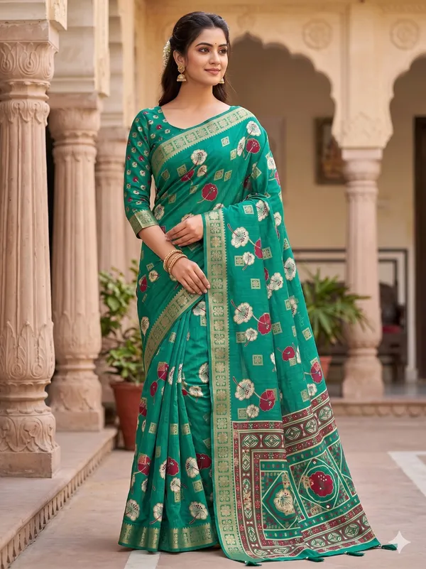 Taladara_Rich_Butta_Cotton_Saree_with_Mirror_Work_&_Latkans_??Aqua_Blue