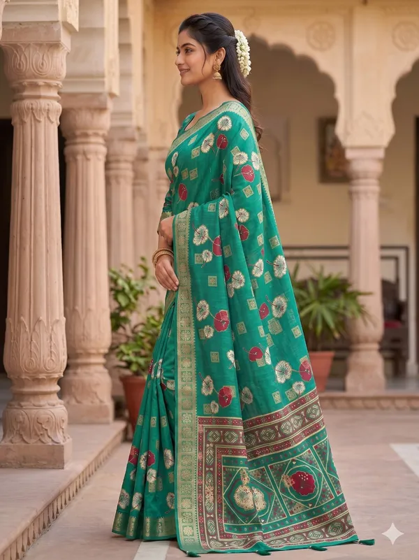 Taladara_Rich_Butta_Cotton_Saree_with_Mirror_Work_&_Latkans_??Aqua_Blue
