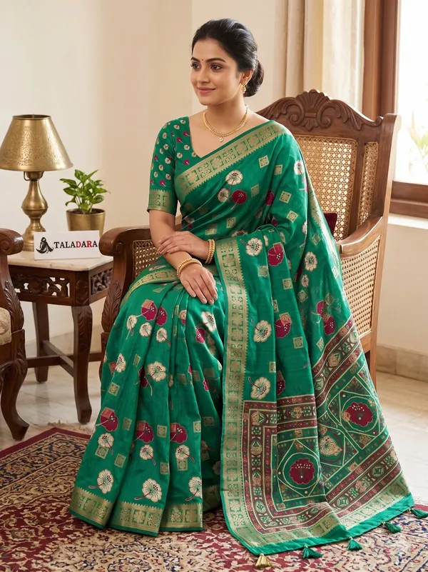 Taladara_Rich_Butta_Cotton_Saree_with_Mirror_Work_&_Latkans_??Aqua_Blue