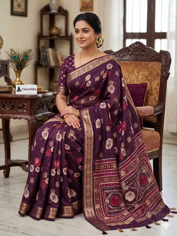 Taladara_Rich_Butta_Cotton_Saree_with_Mirror_Work_&_Latkans_??Purple