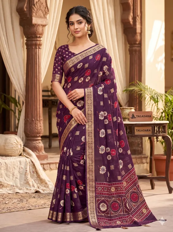 Taladara_Rich_Butta_Cotton_Saree_with_Mirror_Work_&_Latkans_??Purple