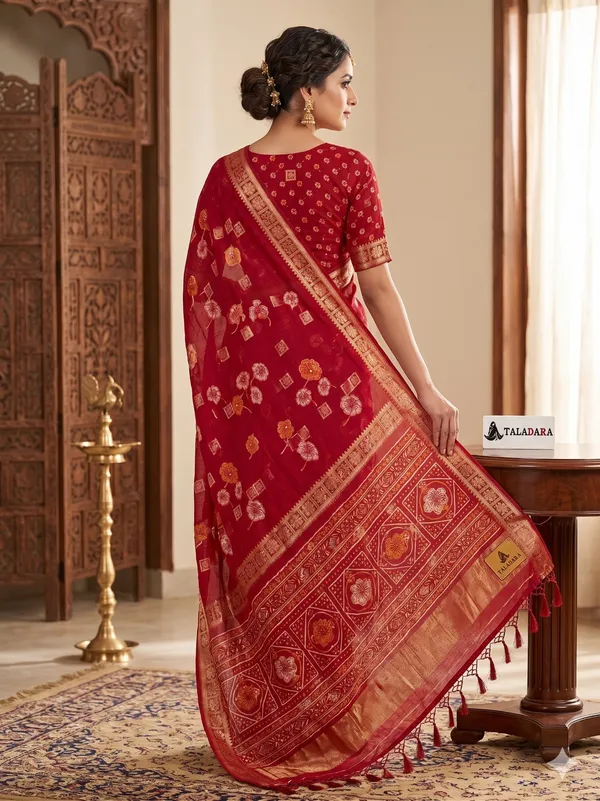 Taladara_Rich_Butta_Cotton_Saree_with_Mirror_Work_&_Latkans_??Red