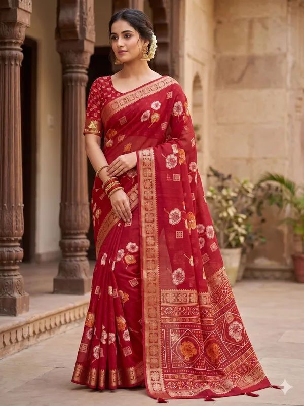 Taladara_Rich_Butta_Cotton_Saree_with_Mirror_Work_&_Latkans_??Red