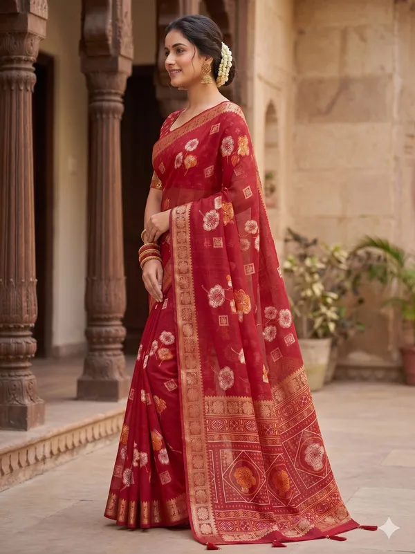 Taladara_Rich_Butta_Cotton_Saree_with_Mirror_Work_&_Latkans_??Red