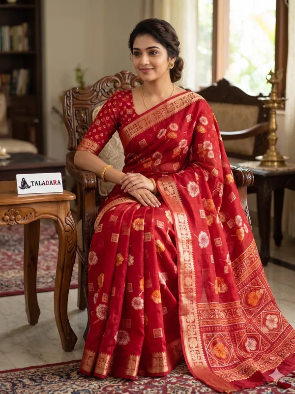 Taladara_Rich_Butta_Cotton_Saree_with_Mirror_Work_&_Latkans_??Red