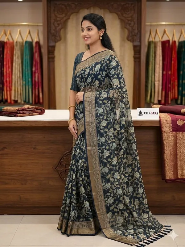 Taladara's_New_Fancy_Heavy_Brasso_Printed_Saree_With_Jalar_Lace