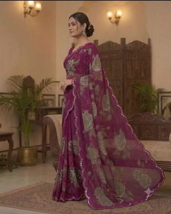 Taladara's_New_Georgette_Printed_Saree_WIth_Mirror_Lace_Border