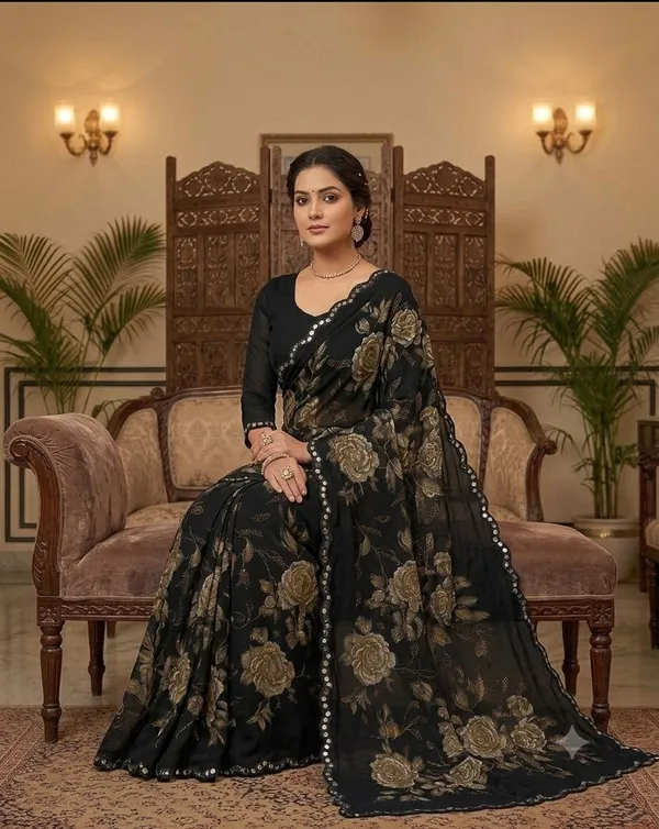 Taladara's_New_Georgette_Printed_Saree_WIth_Mirror_Lace_Border