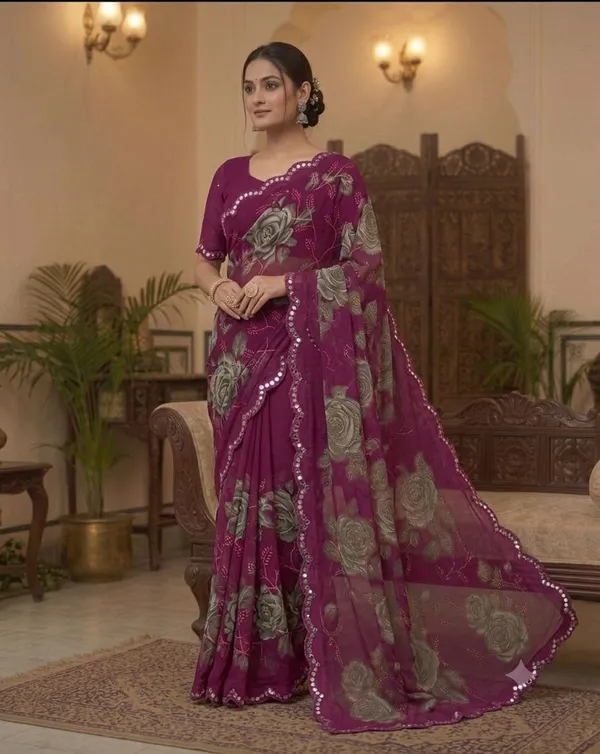 Taladara's_New_Georgette_Printed_Saree_WIth_Mirror_Lace_Border