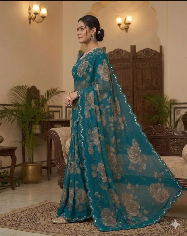 Taladara's_New_Georgette_Printed_Saree_WIth_Mirror_Lace_Border