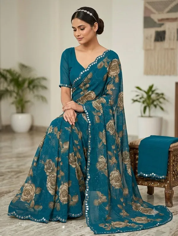 Taladara's_New_Georgette_Printed_Saree_WIth_Mirror_Lace_Border