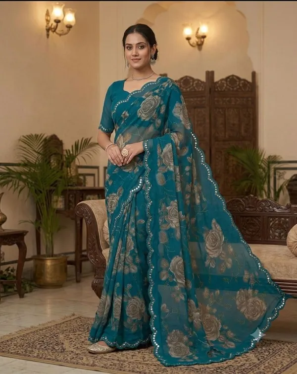 Taladara's_New_Georgette_Printed_Saree_WIth_Mirror_Lace_Border