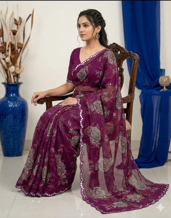 Taladara's_New_Georgette_Printed_Saree_WIth_Mirror_Lace_Border