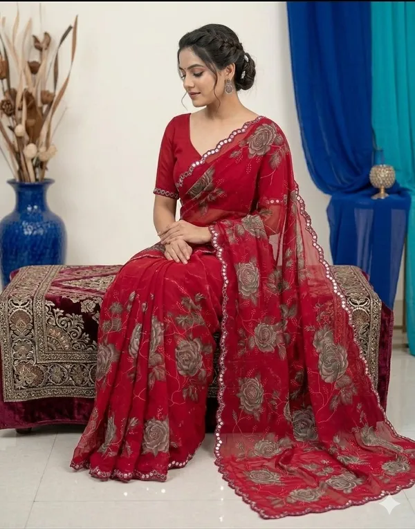 Taladara's_New_Georgette_Printed_Saree_WIth_Mirror_Lace_Border