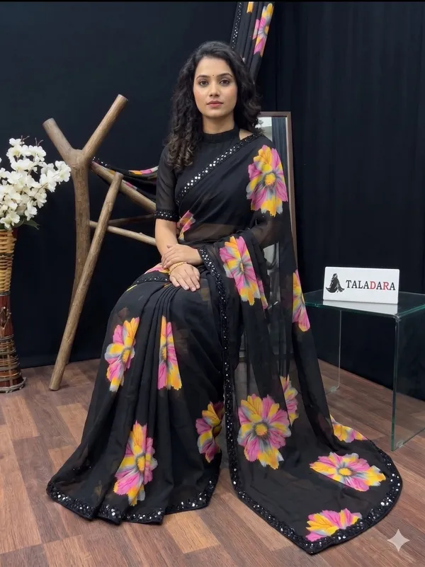 Taladara's_New_Georgette_Printed_Saree_With_Frill_Lace