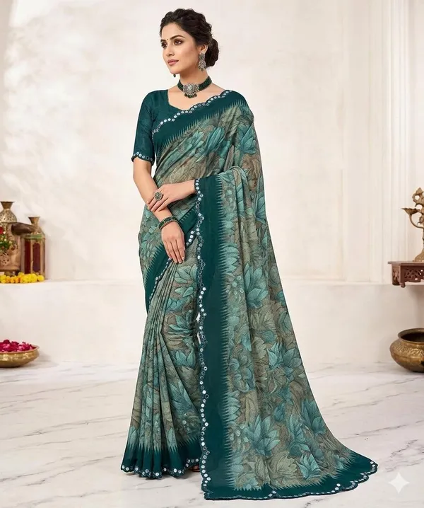 Taladara's_New_Georgette_Printed_Saree_With_Mirror_Lace