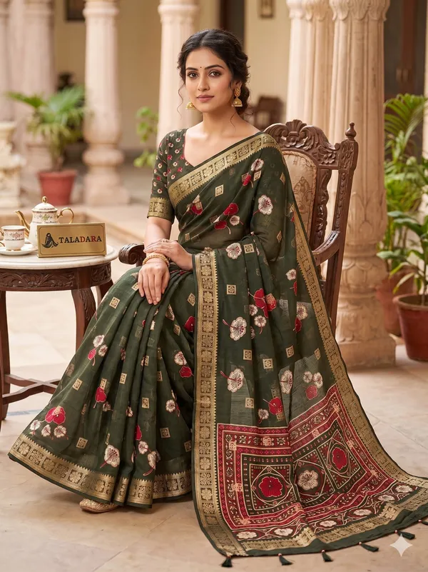 Taladara_Rich_Butta_Cotton_Saree_with_Mirror_Work_&_Latkans_??Olive_Green