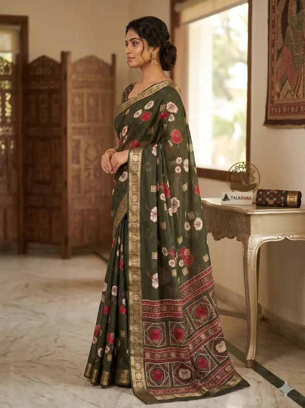 Taladara_Rich_Butta_Cotton_Saree_with_Mirror_Work_&_Latkans_??Olive_Green