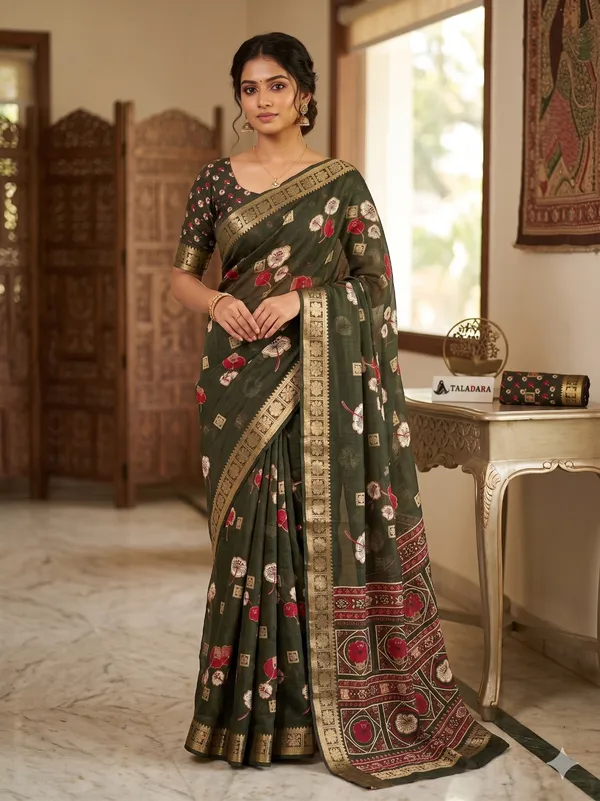 Taladara_Rich_Butta_Cotton_Saree_with_Mirror_Work_&_Latkans_??Olive_Green