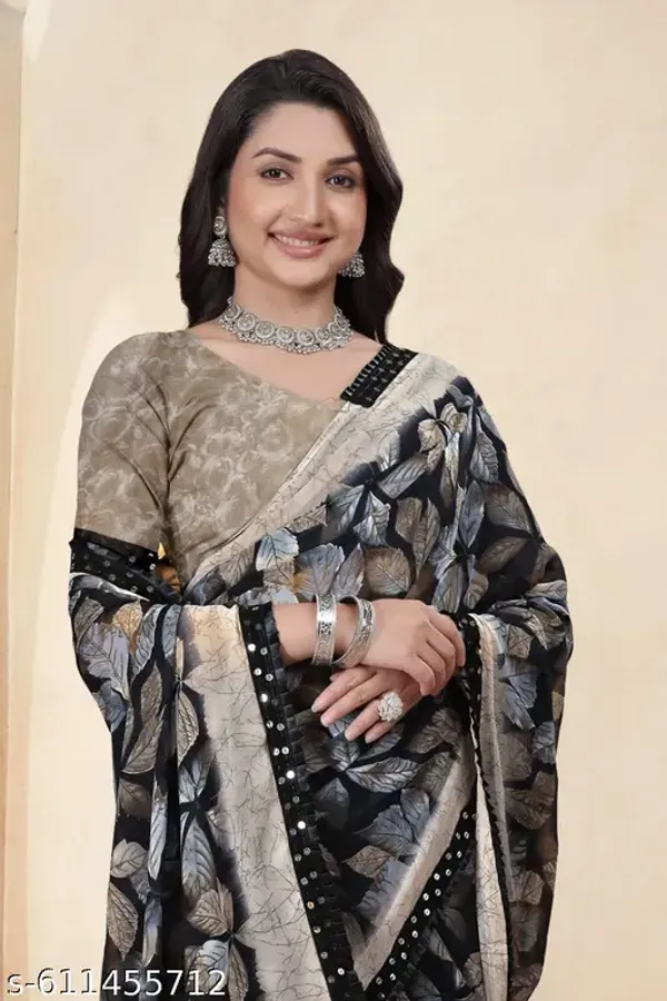 Grey_And_Black_Taladara's_New__Georgette_Printed_Premium_Saree_Lace_Border_For_Women