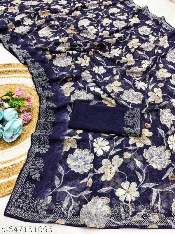 Navy_Blue_Georgette_Printed_Premium_Saree_With_Diamond_Lace_For_Women