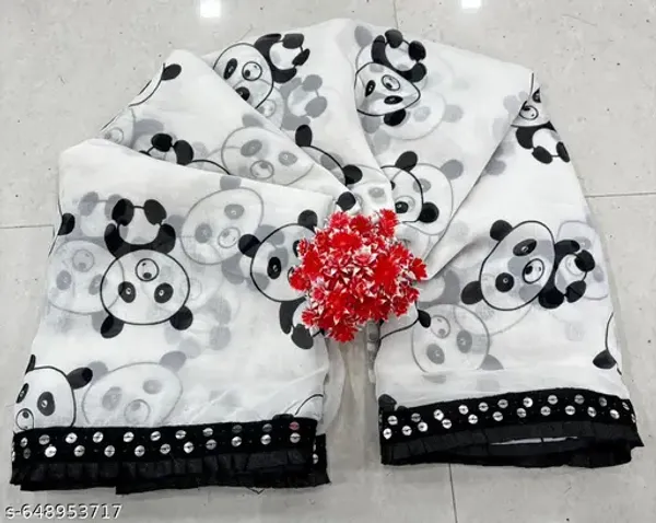 Taladara's_New_Fancy_White_And_Black_Georgette_Premium_Saree_With_Frill_Lace_Work_For_Women