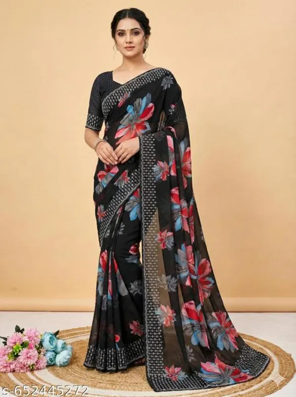 Black_And_Pink_Georgette_Printed_Premium_Saree_With_Diamond_Lace_For_Women