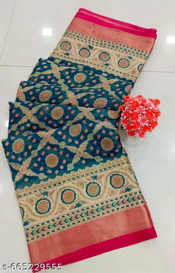 Teal_And_Red_Brasso_Chiffon_Premium_Saree_With_Ethnic_Pattern_For_Women