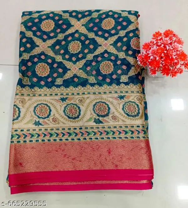 Teal_And_Red_Brasso_Chiffon_Premium_Saree_With_Ethnic_Pattern_For_Women