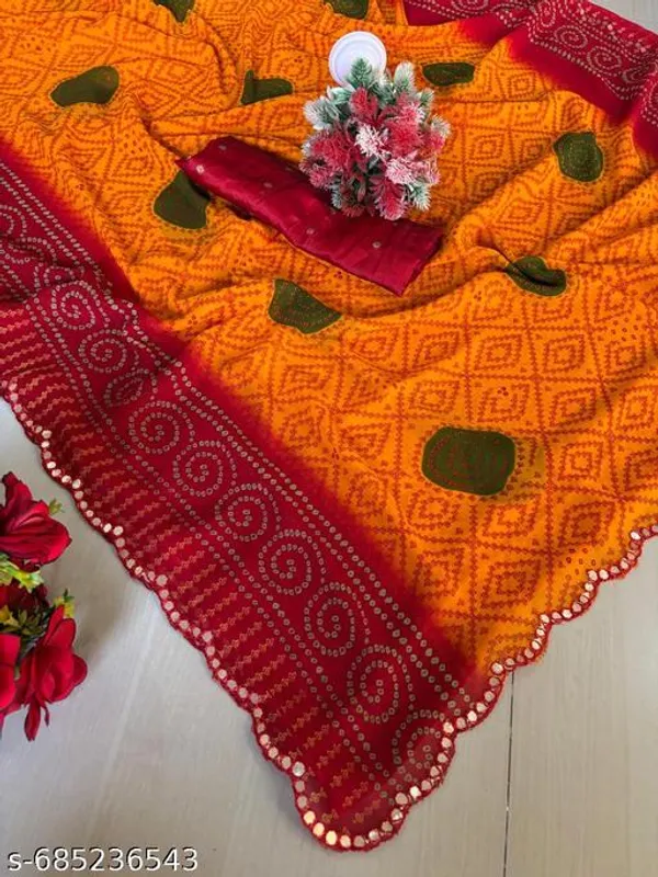 Orange_Georgette_Bandhani_Printed_Premium_Saree_With_Mirror_Work_For_Women