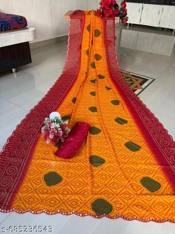 Orange_Georgette_Bandhani_Printed_Premium_Saree_With_Mirror_Work_For_Women