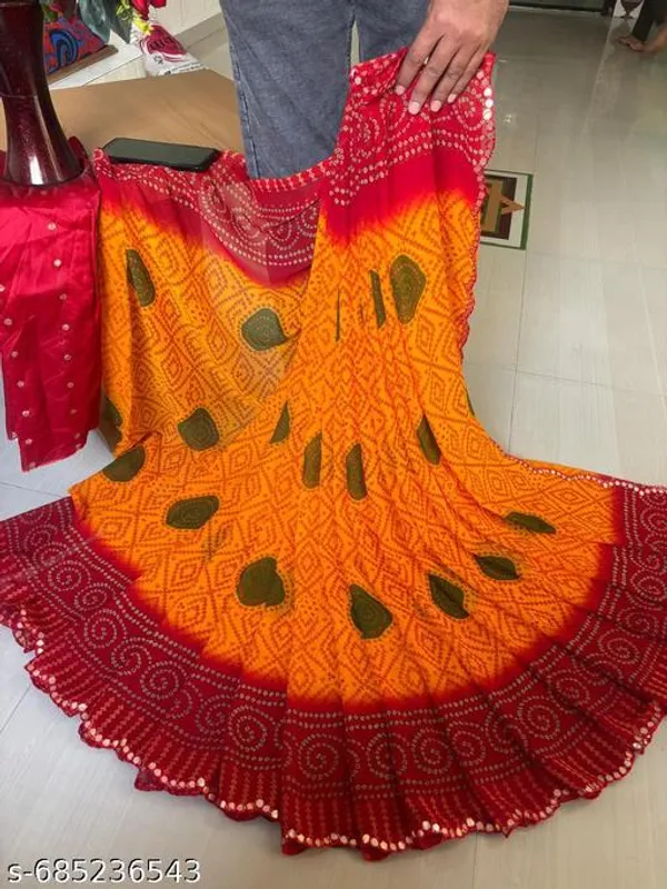 Orange_Georgette_Bandhani_Printed_Premium_Saree_With_Mirror_Work_For_Women
