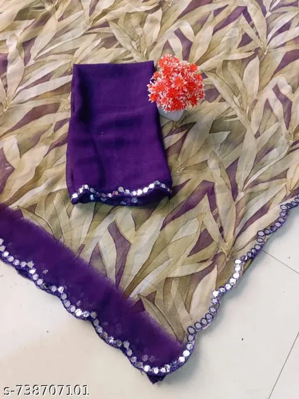 Beige_And_Violet_Georgette_Printed_Premium_Saree_With_Mirror_Lace_For_Women