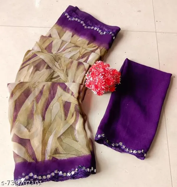 Beige_And_Violet_Georgette_Printed_Premium_Saree_With_Mirror_Lace_For_Women