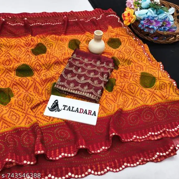 Taladara's_New_Georgette_Printed_Bandhani_Saree_With_Mirror_Lace_For_Women