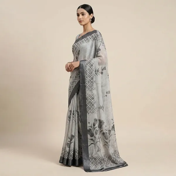 Taladaras's_New_Grey_Fancy_Satin_Patta_Printed__Saree