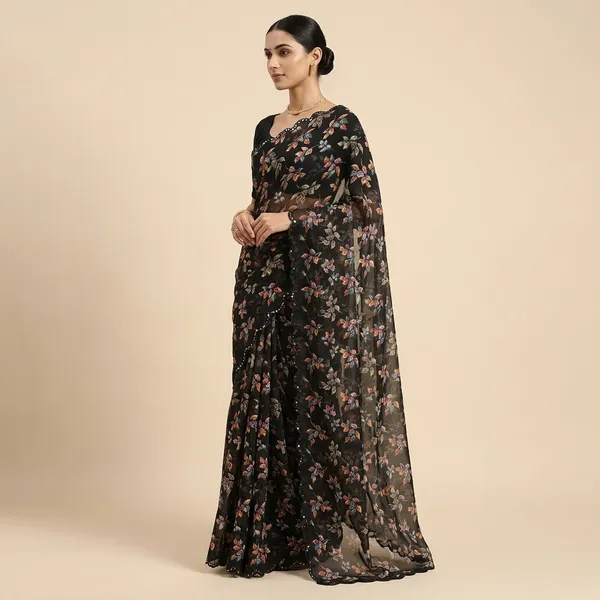 Taladara's_New_Black_Georgette_Printed_Premium_Saree_And_Mirar_Lace_Border_For_Women
