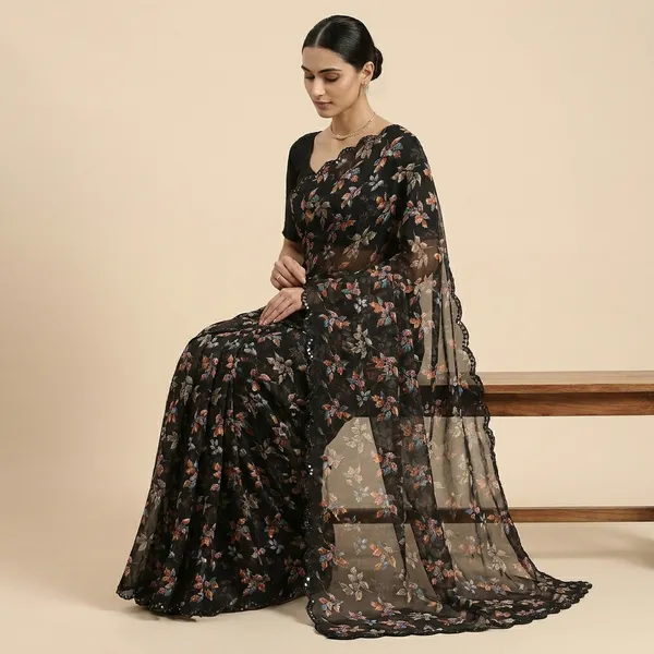 Taladara's_New_Black_Georgette_Printed_Premium_Saree_And_Mirar_Lace_Border_For_Women