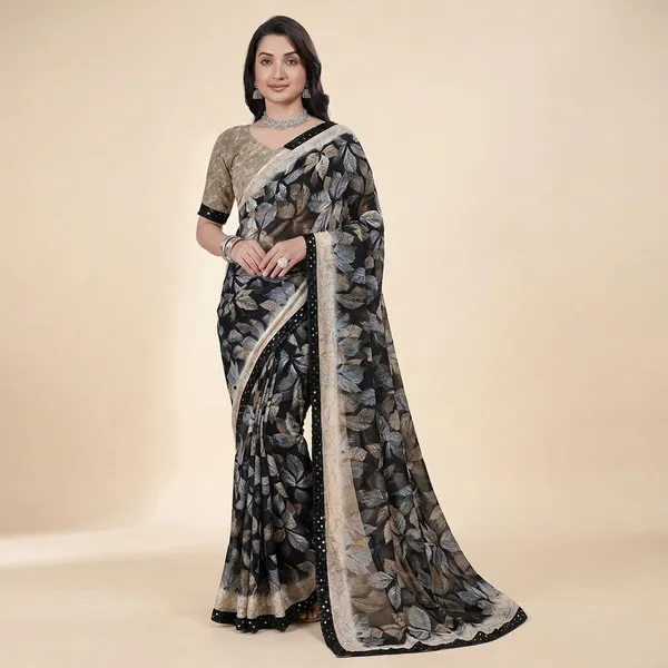 Grey_And_Black_Taladara's_New__Georgette_Printed_Premium_Saree_Lace_Border_For_Women